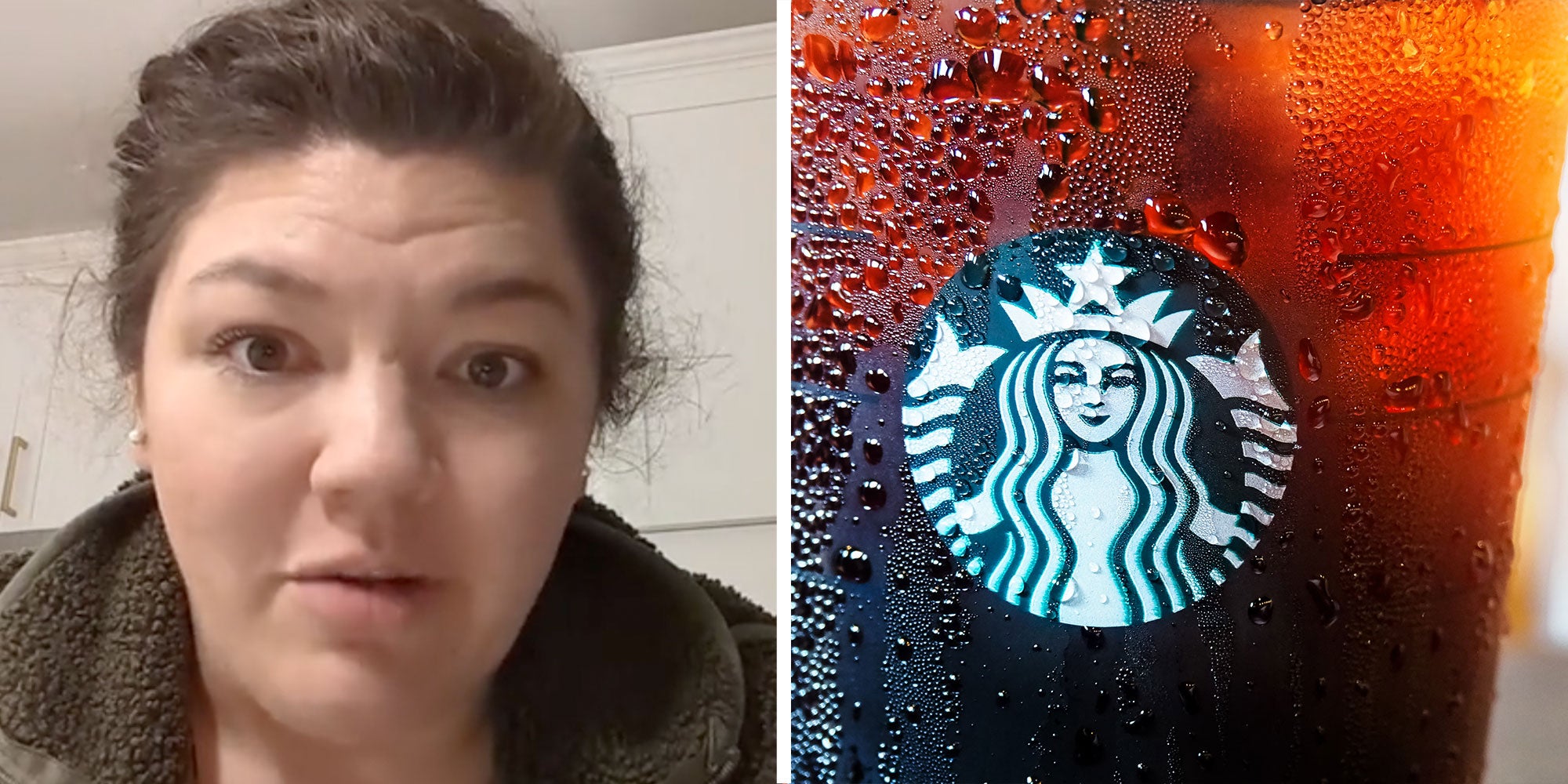 Two panel design with a woman looking at the camera in dismay, next to an image of a starbucks cup
