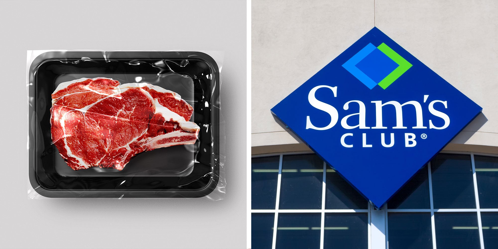 Two panel design with a steak on a package on one side, next to an image of a Sam's Club