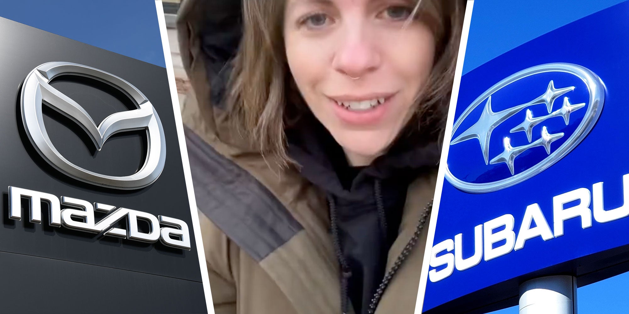 three panel design with a Mazda sign in the first one, a woman looking happy and at the camera in the middle, next to an image of a Subaru sign