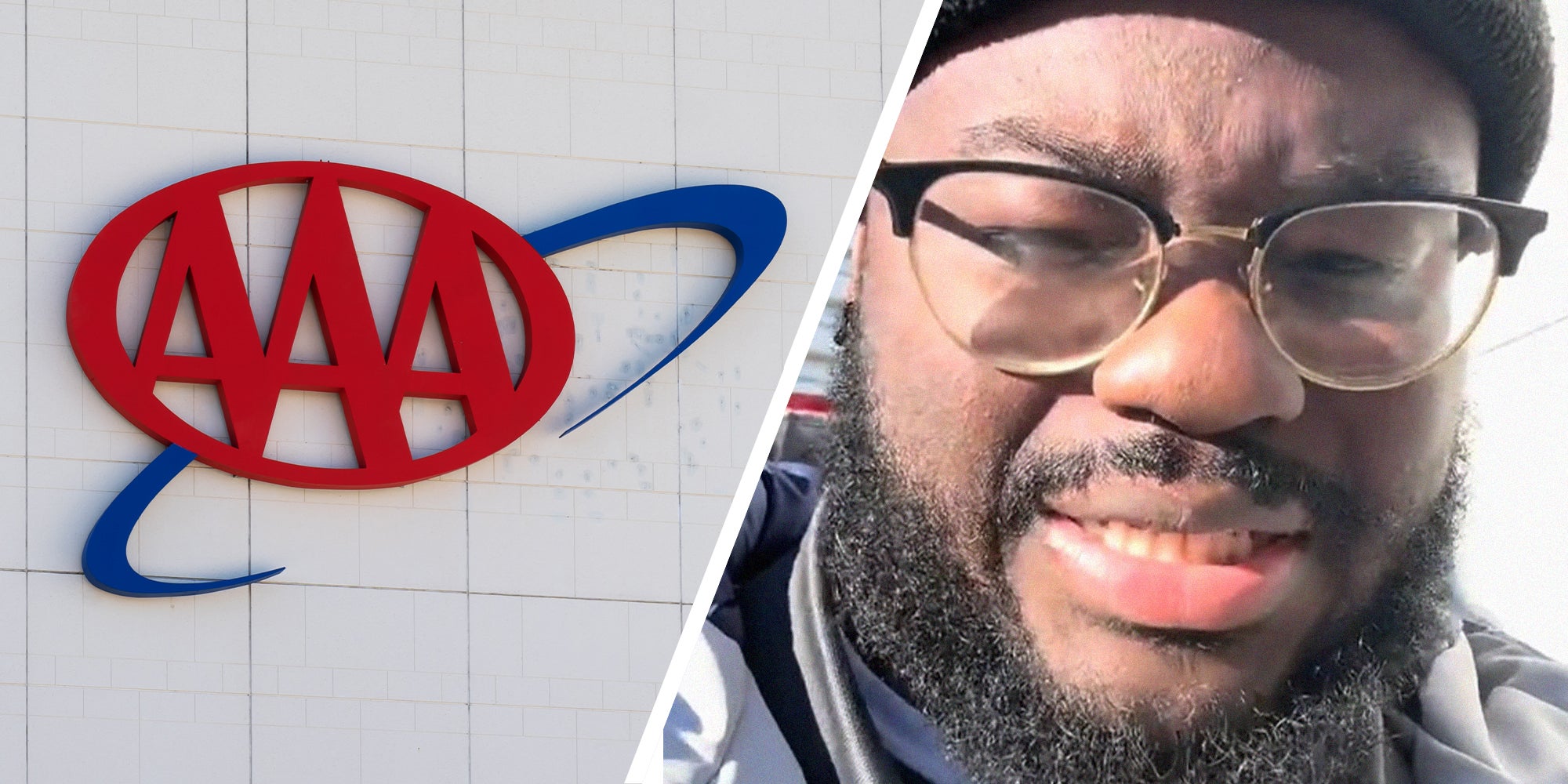 Triple A Logo on building(l) Man sharing truths about Triple A Service(r)