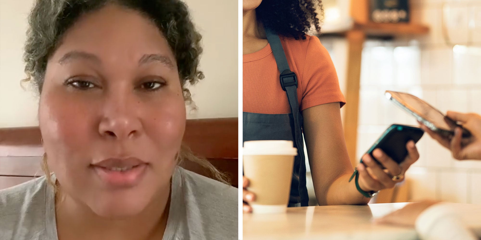 Two panel design with a woman looking at the camera, next to an image of someone paying at a restaurant with their phone