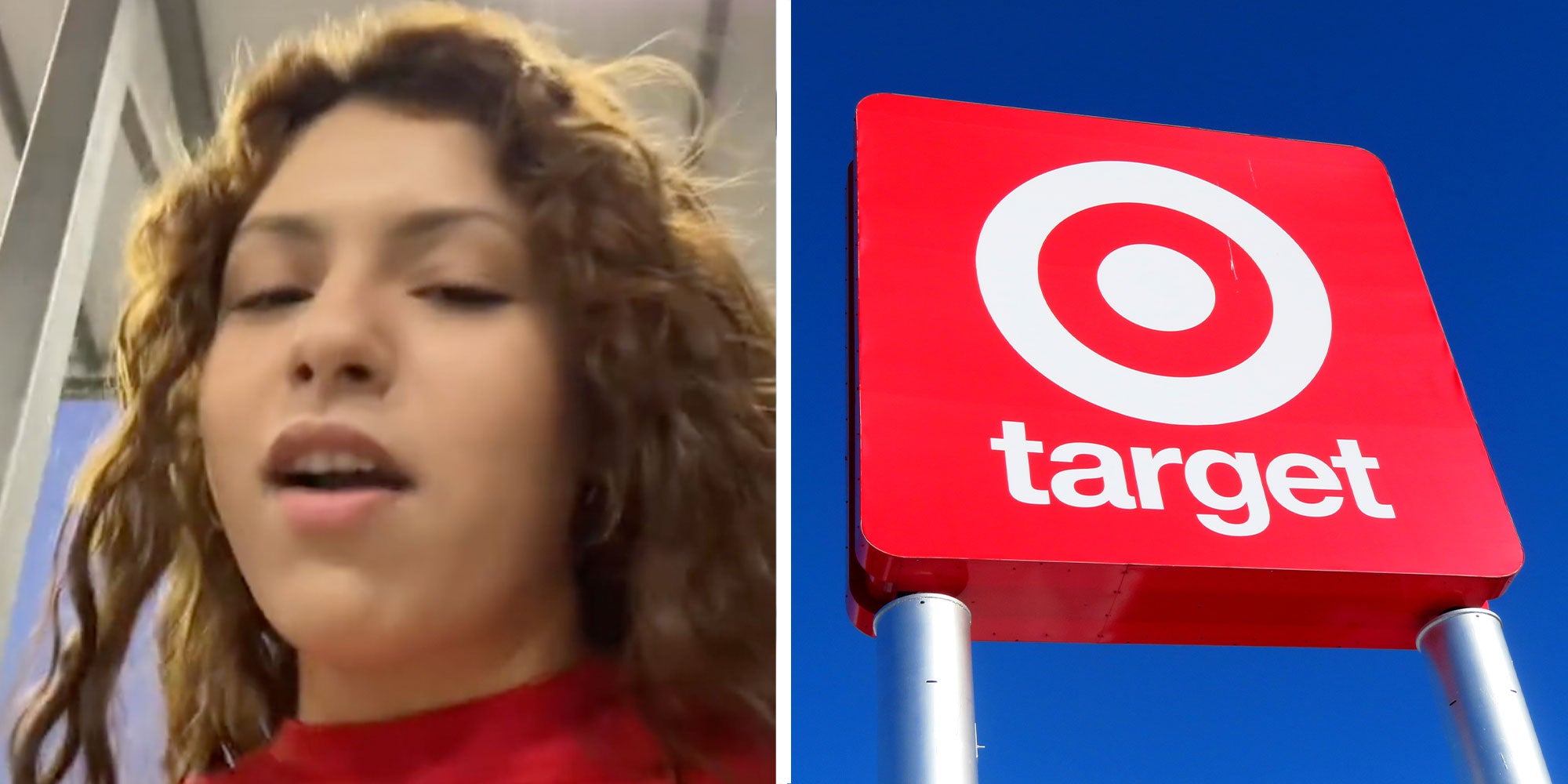 Two panel design with a woman talking an walking during her shift at Target, next to an image of a Target sign