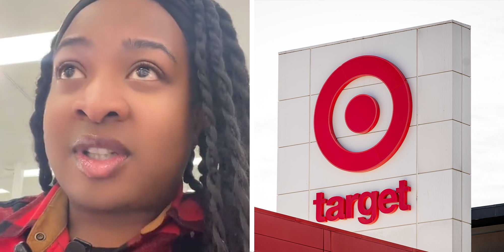 Two panel design with a Target associate walking and talking to the camera, next to an image of Target Sign