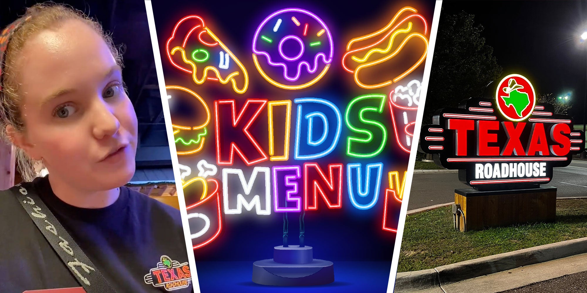 Three panel design with a waitress talking to the camera, next to an iamge of a 'Kids Meals' sign, next to an image of a Texas Roadhouse