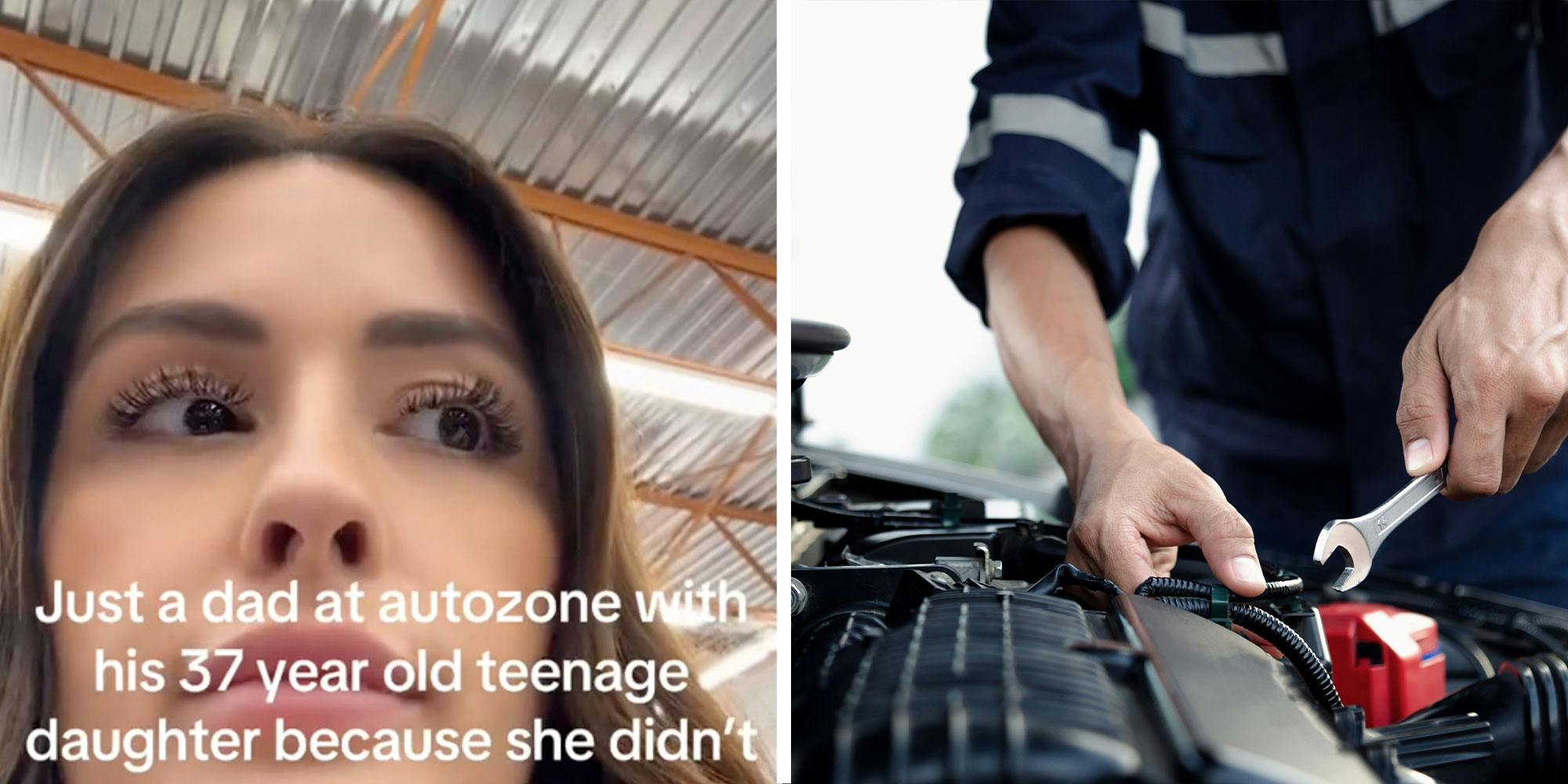 Two panel design with a woman looking off to the side with text overlay reading "Just a dad at autozone with his 37 year old teenage daughter because she didn't...", next to an image of someone working on a car