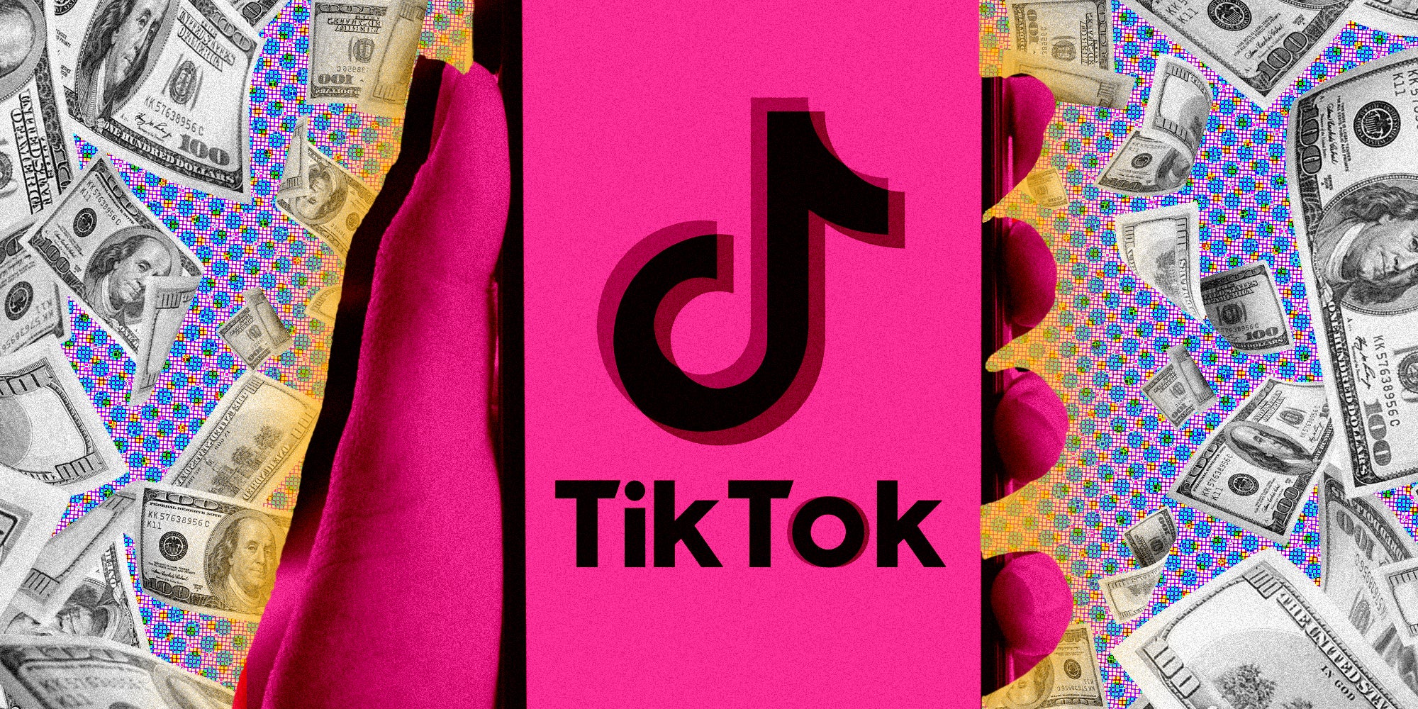 Hand holding phone with tiktok app surrounded by money