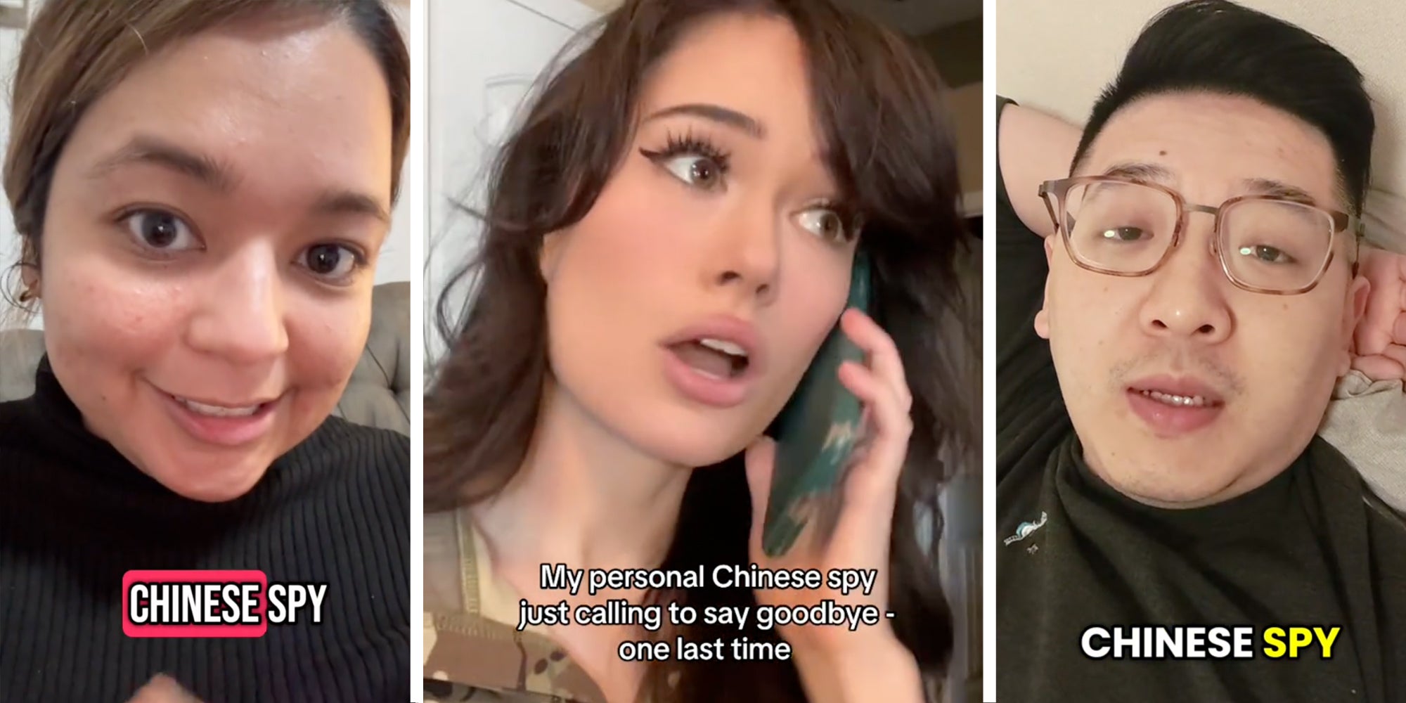 Woman saying 'chinese spy'(l), Woman on phone with text 'my personal chinese spy just calling to say goodbye one last time'(c), Man saying 'chinese spy'(r)