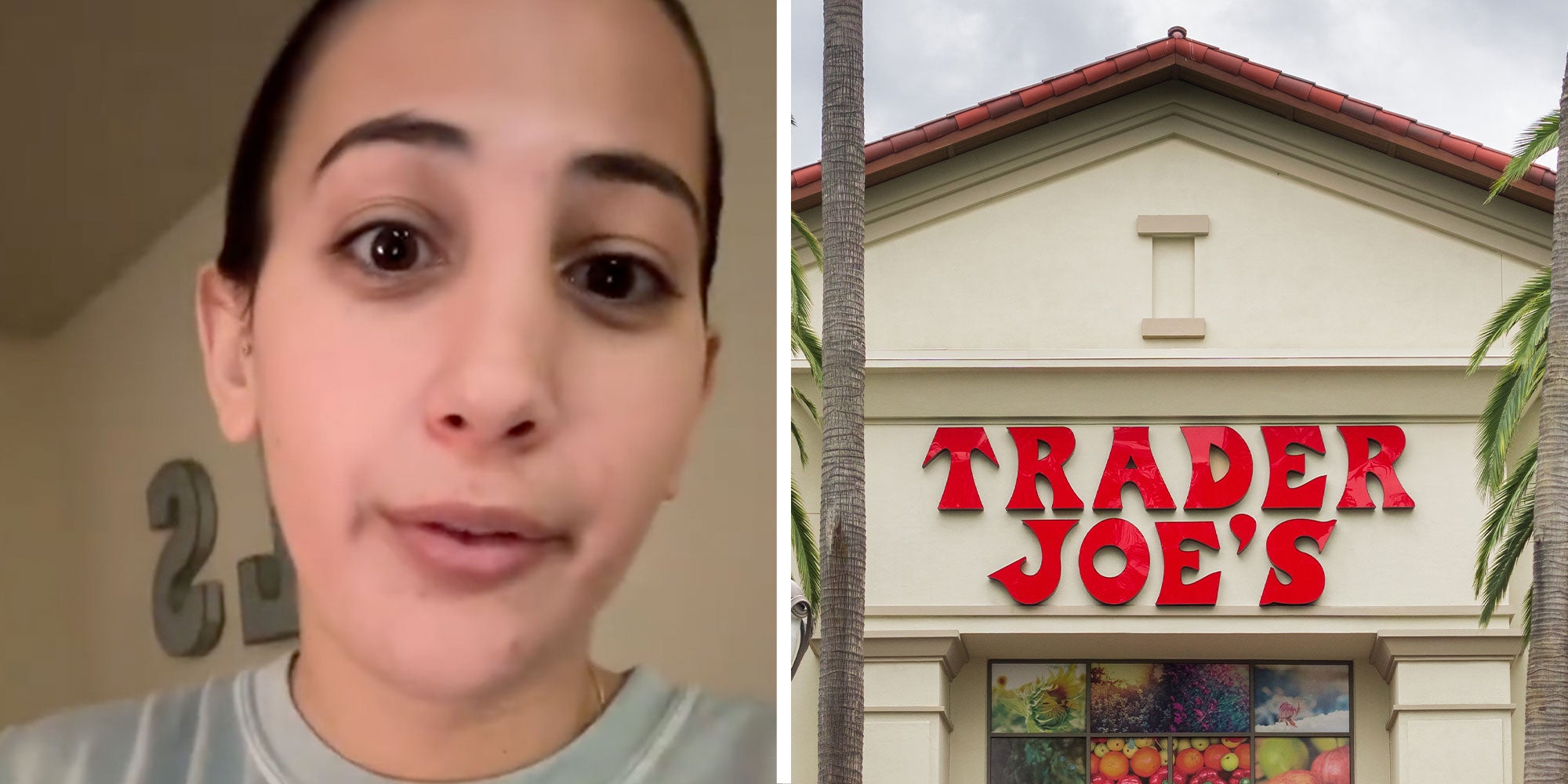 two panel design with a woman looking at the camera while talking, next to an image of a Trader Joe's
