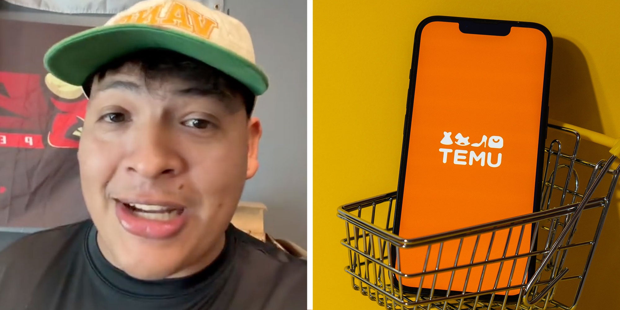 Two panel design with a man looking at the camera while speaking, next to an image of a phone in a mini shopping basket with the logo for TEMU on it