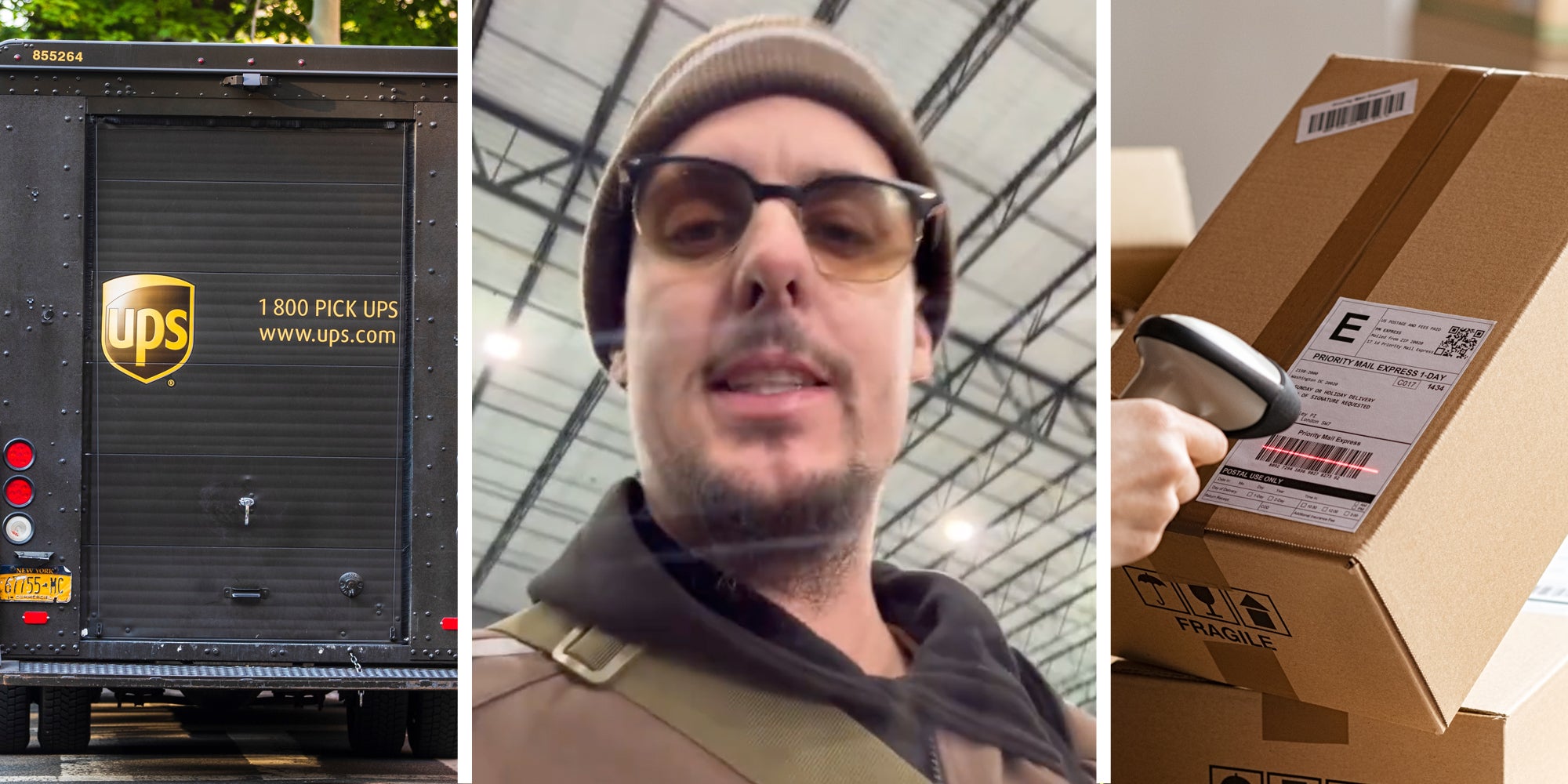 UPS truck(l), Man talking(c), Box being scanned(r)