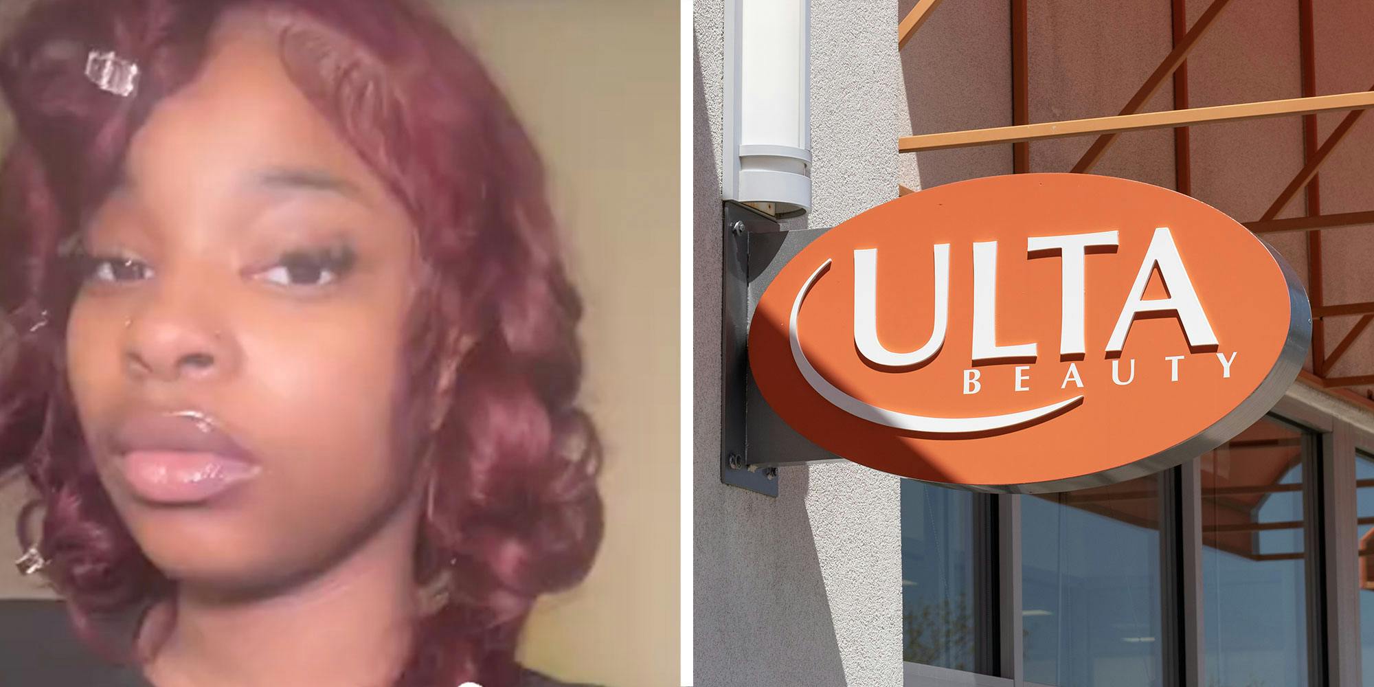 Two panel design with a woman looking at the camera, next to an image of a Ulta beauty sign