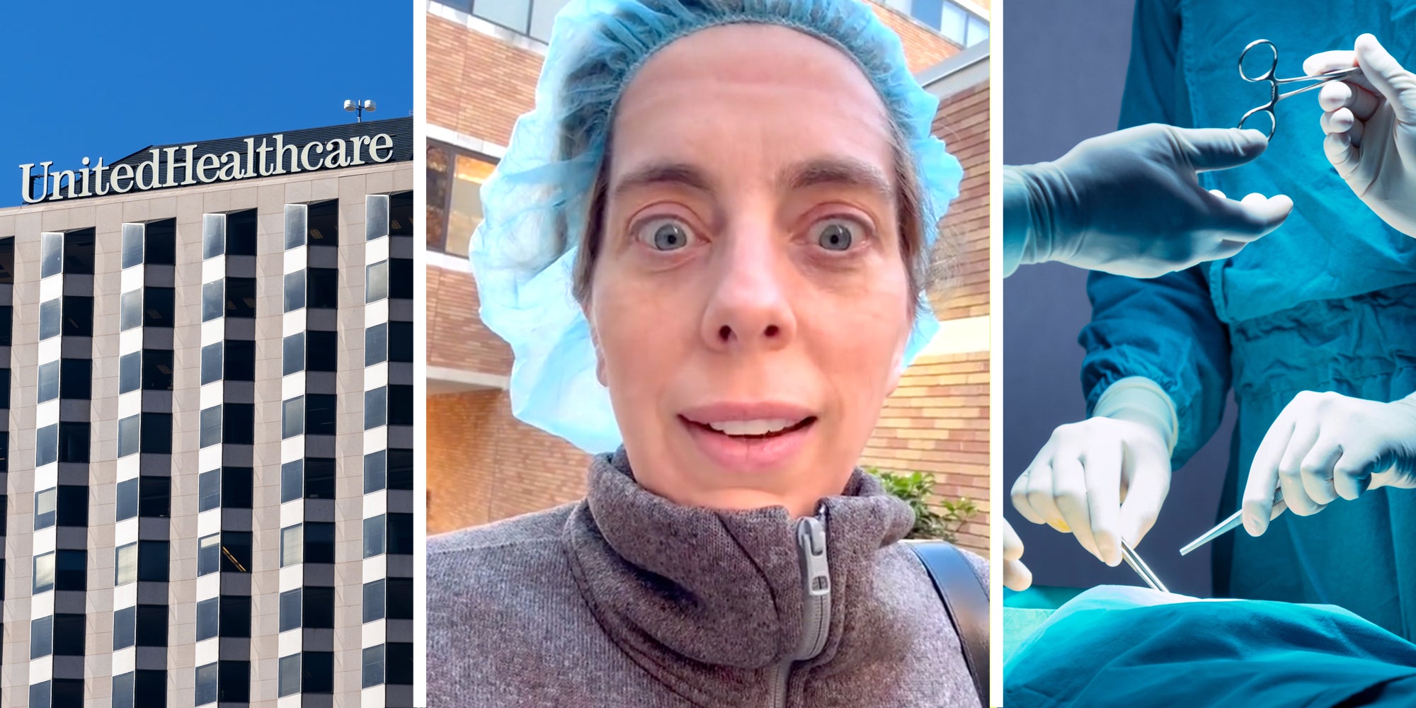 United Healthcare building(l), Doctor looking shocked(c), Hands of surgeons passing tools during surgery(r)