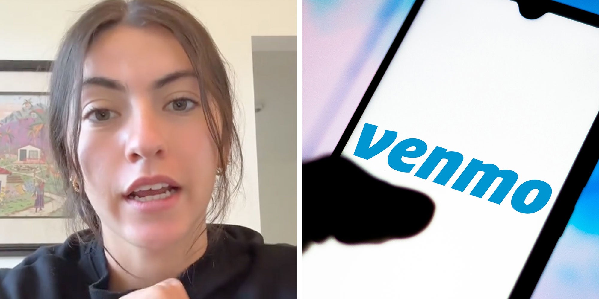 Two panel design with a woman looking and taking at the camera, next to an image of a venmo ap logo on a phone