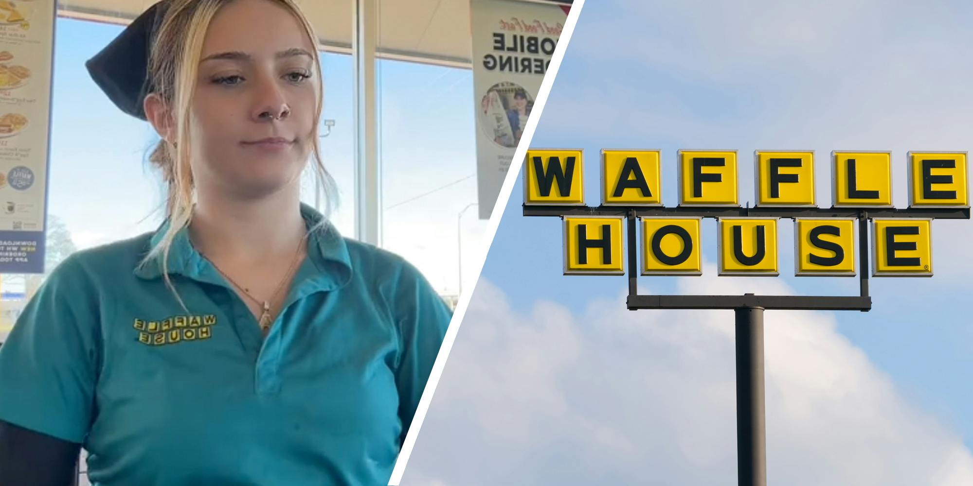 Waffle House worker(l), Waffle house sign(r)