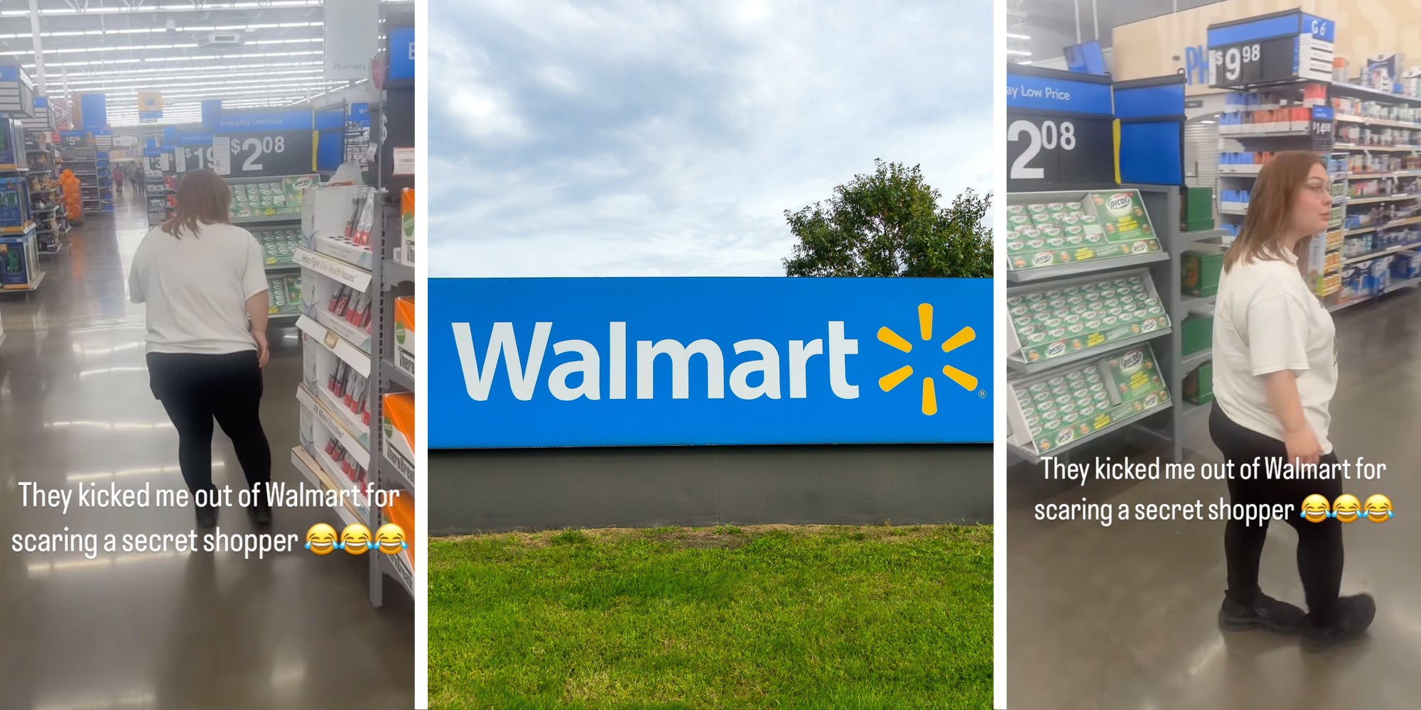 Woman walking around walmart with text "They kicked me out of Walmart for scaring a secret shopper"(l+r), Walmart sign(c)