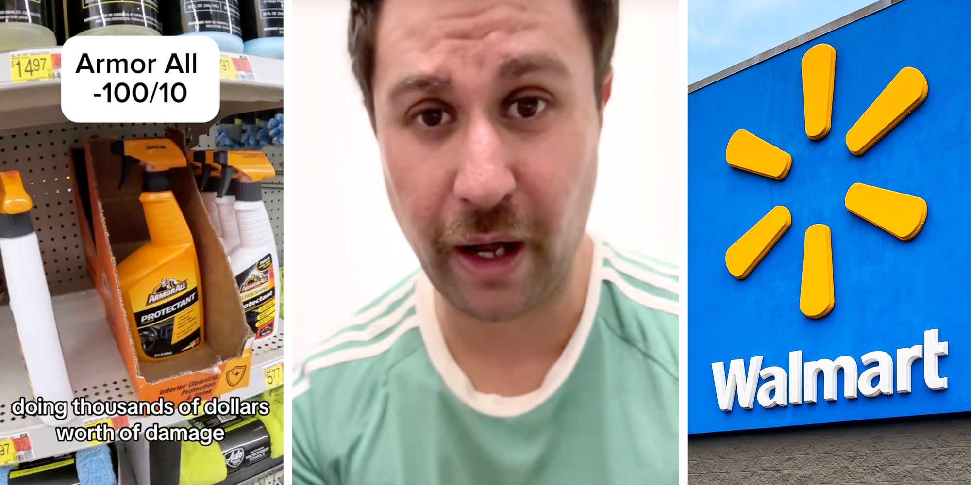 Armor All on shelf with text 'doing thousands of dollars worth of damage'(l), Man talking(c), Walmart sign(r)
