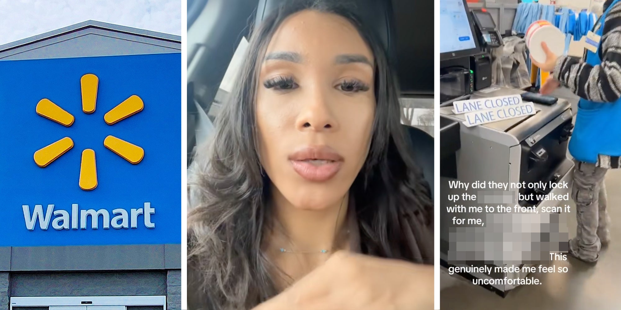 Walmart sign(l), Woman talking(c), Worker at checkout(r)