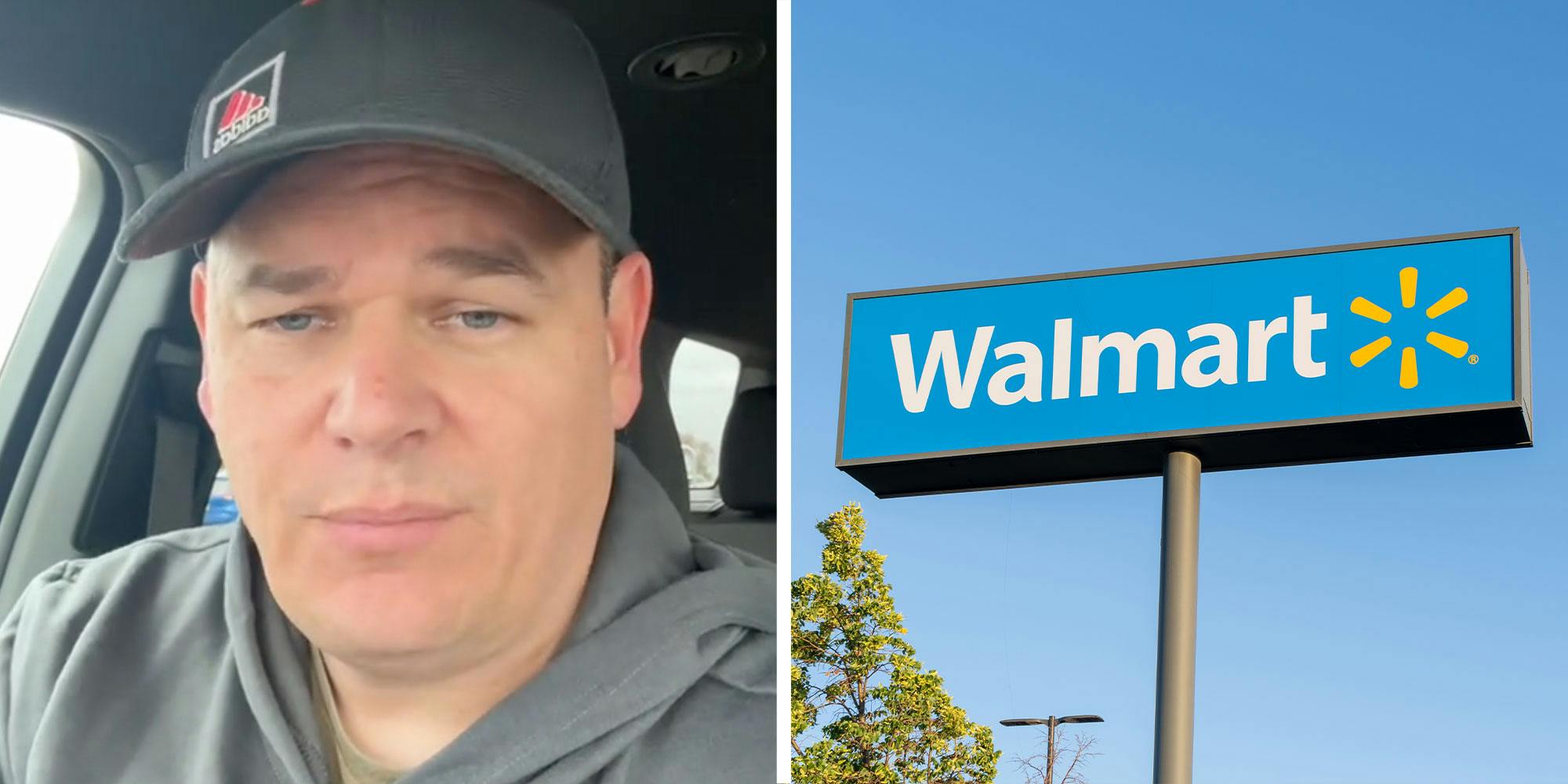 Two panel design with a man talking to the camera, next to an image of a Walmart sign