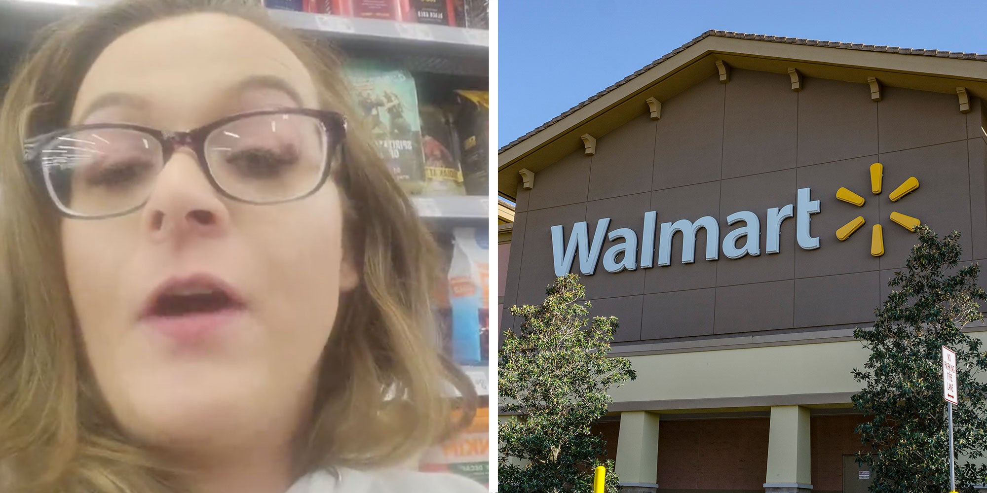 two panel design with a woman looking and complaining at the camera, next to an image of a Walmart