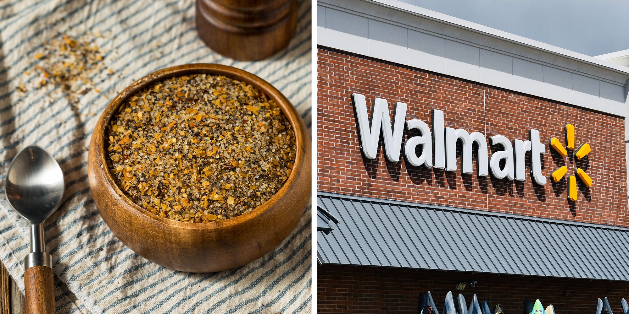 Two panel design with a bowl of gourmet seasoning in a nice bowl, next to an image of a Walmart