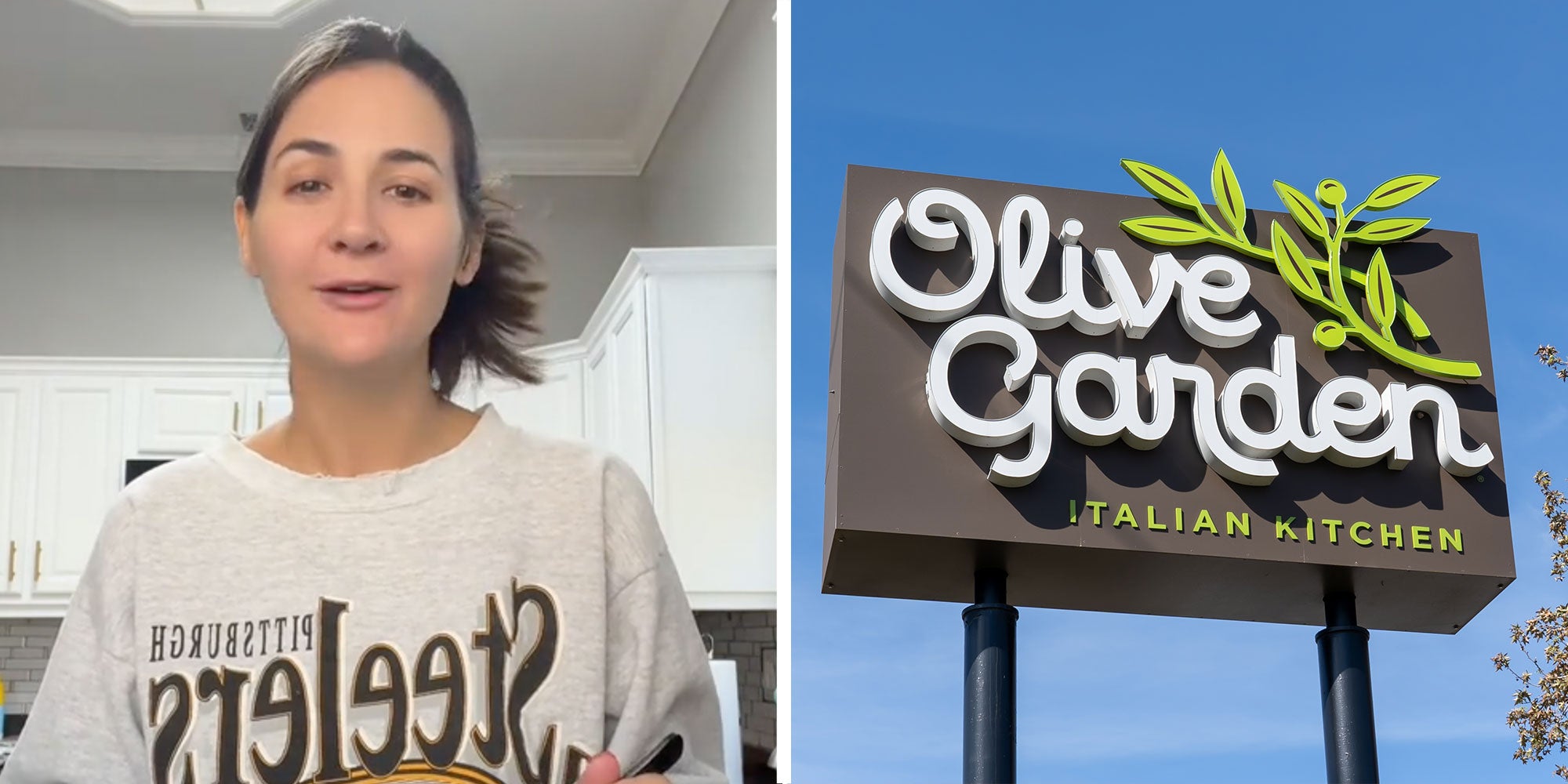 Two panel design with a woman talking to the camera from inside her kitchen, next to an image of an Olive Garden sign