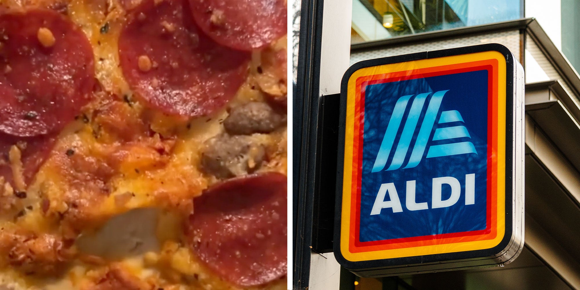 Two panel design with a close up of a pizza next to an image of a Aldi sign