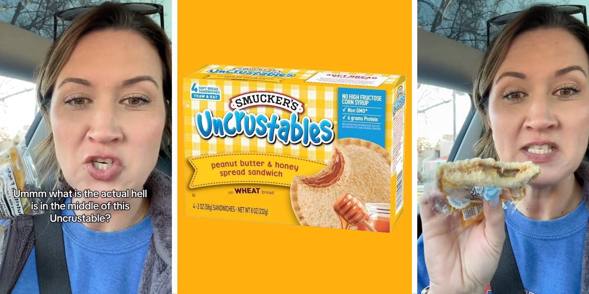 Woman with smucker's uncrustables(l+r), Uncrustables in box(r)