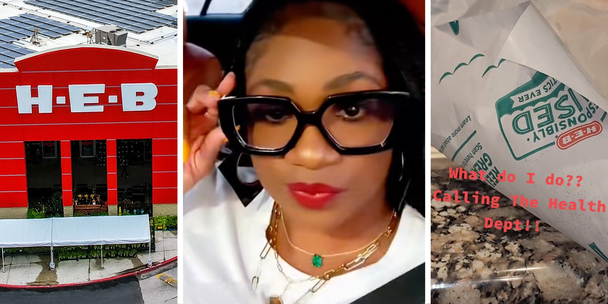 H-E-B(l), Woman talking(c), Wrapping paper from h-e-b(r)