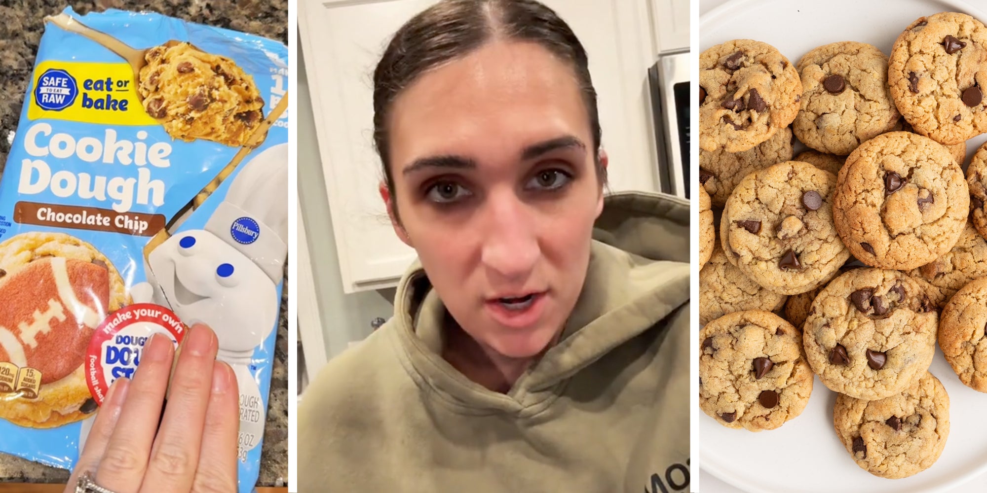 Pilsbury cookie dough(l), Woman talking(c), Chocolate chip cookies(r)