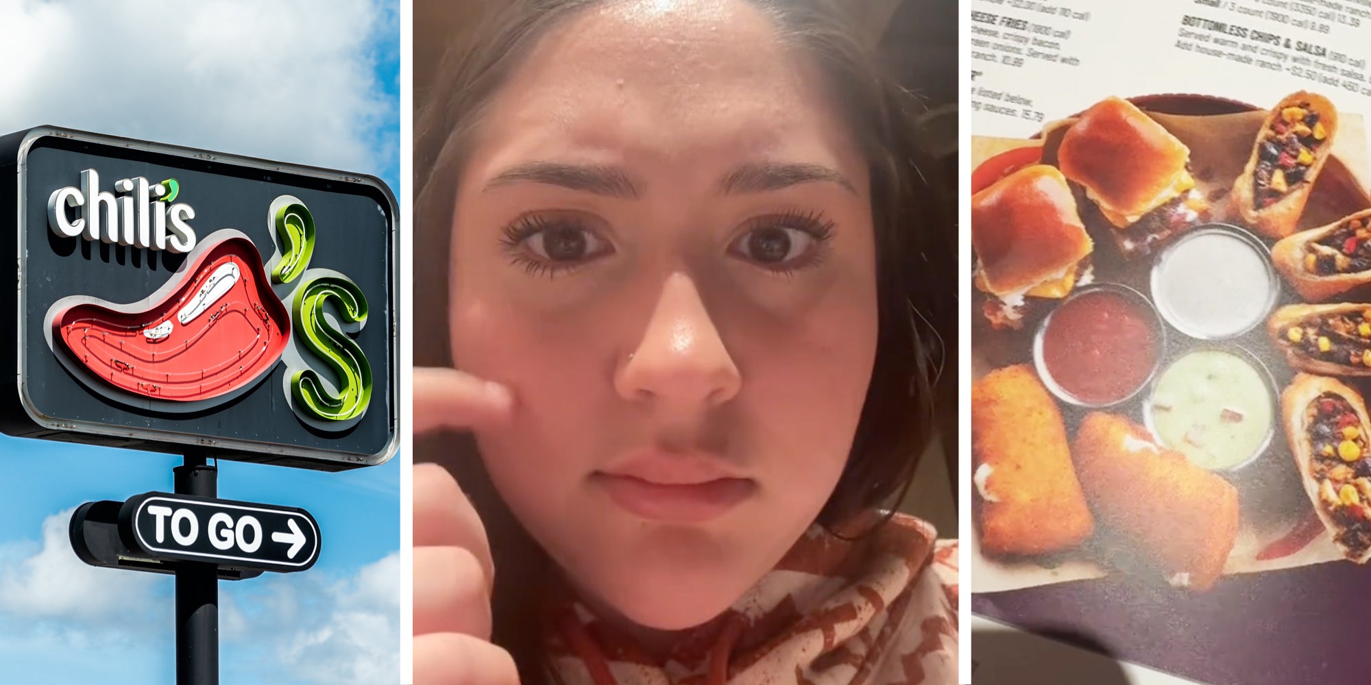 Chili's sign(l), Woman looking confused(l), Chili's menu(r)