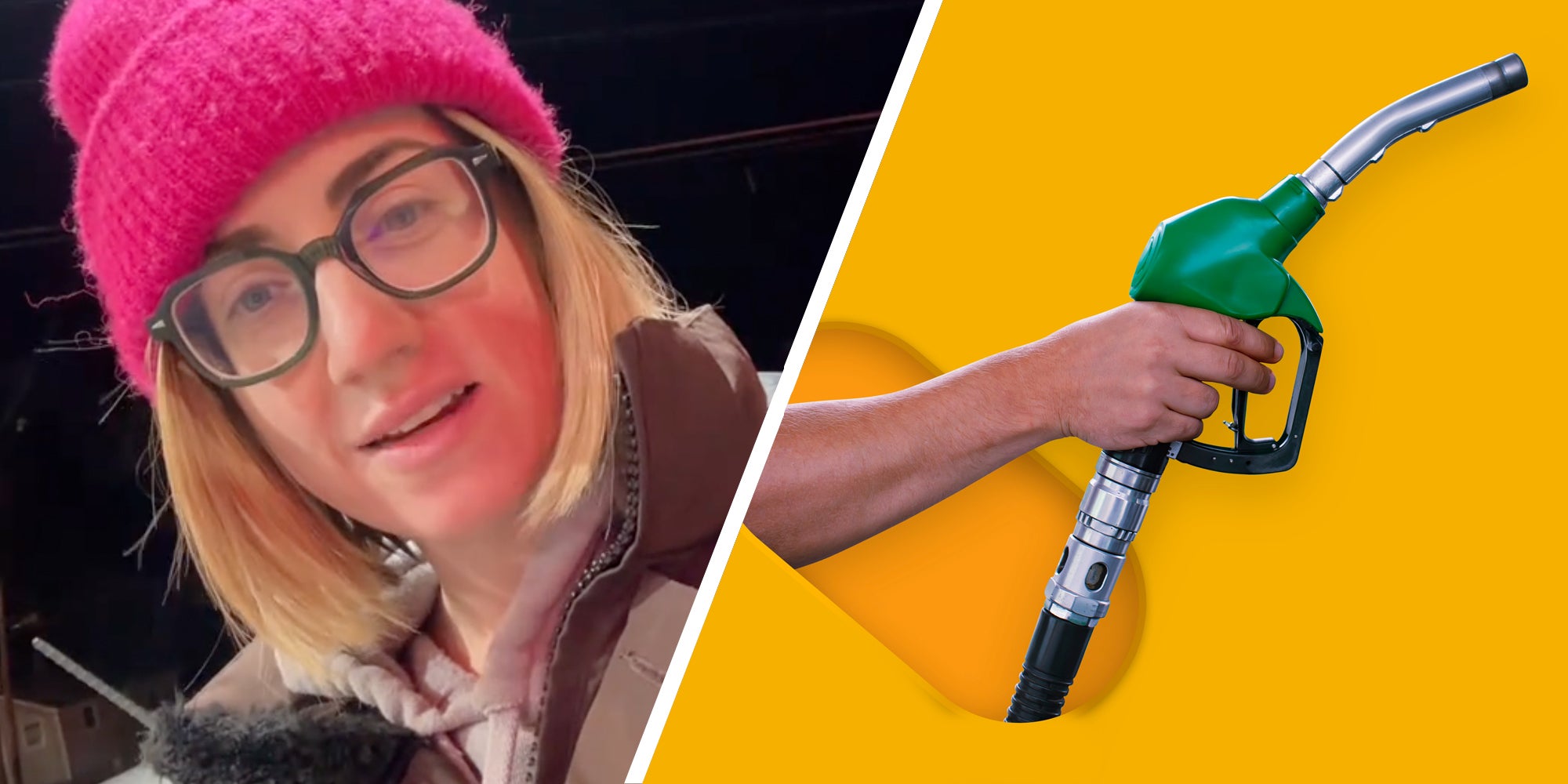 Woman talking(l), Hand holding gas pump(r)
