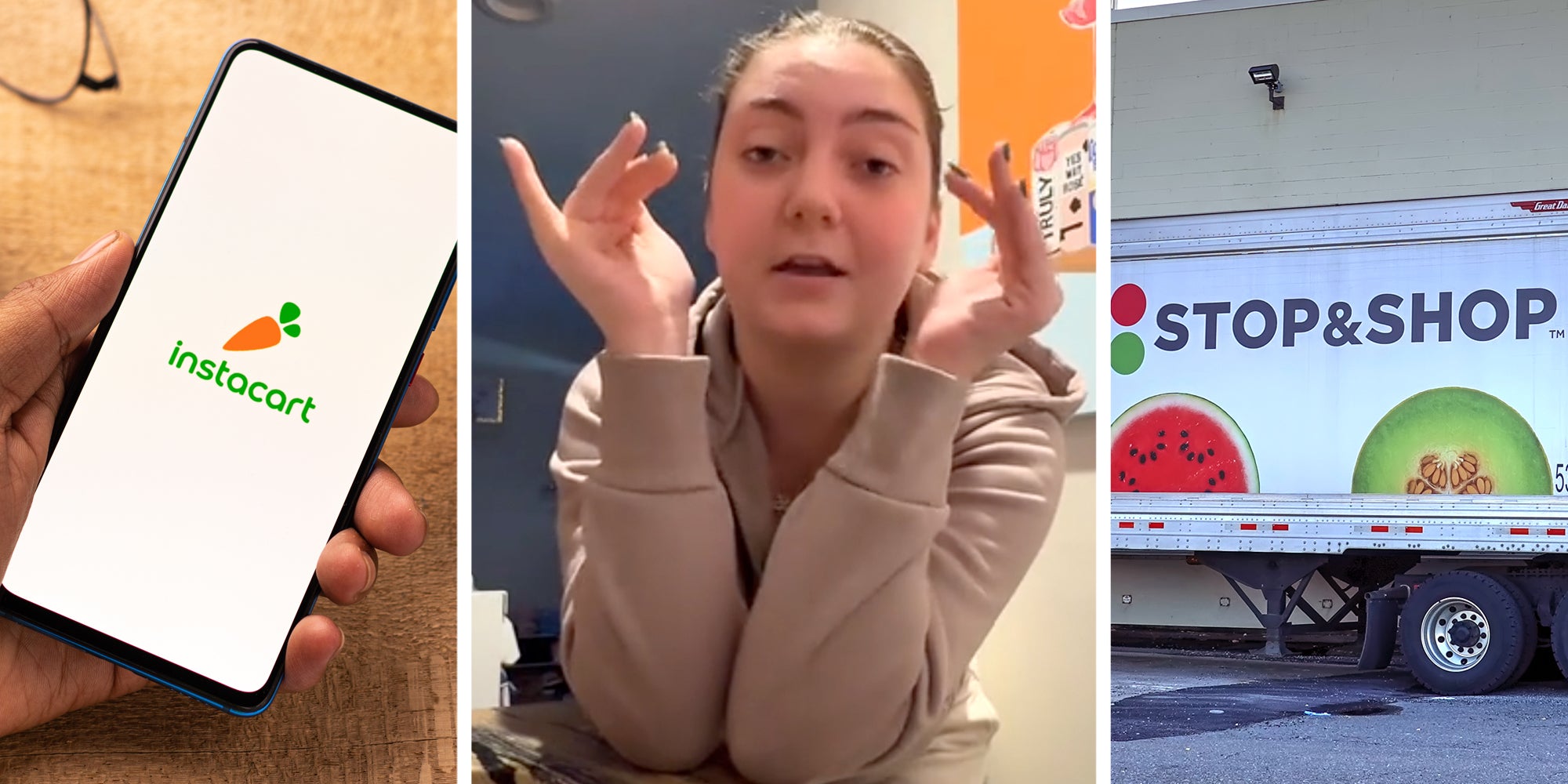 Hand holding phone with instacart app(l), Woman looking frustrated(c), Stop & shop truck(r)