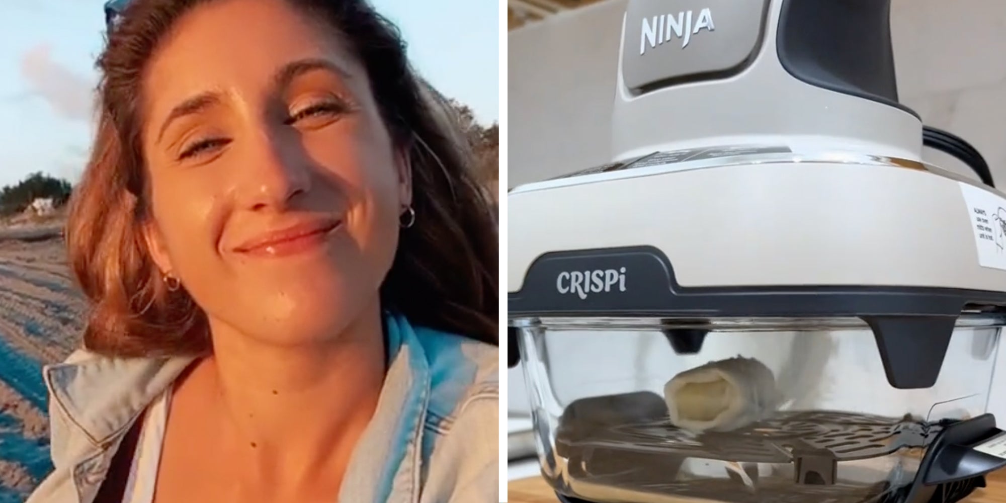 Woman smiling(l), Ninja Crispi with egg roll inside(r)