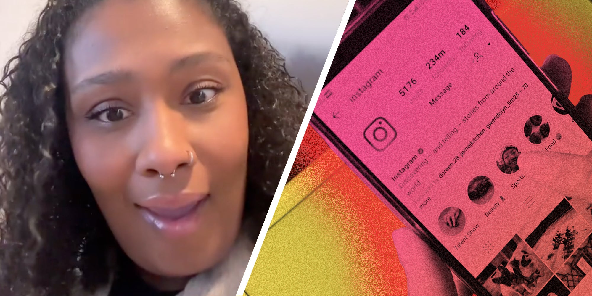 Woman looking shocked(l), Hand holding phone with instagram app(r)