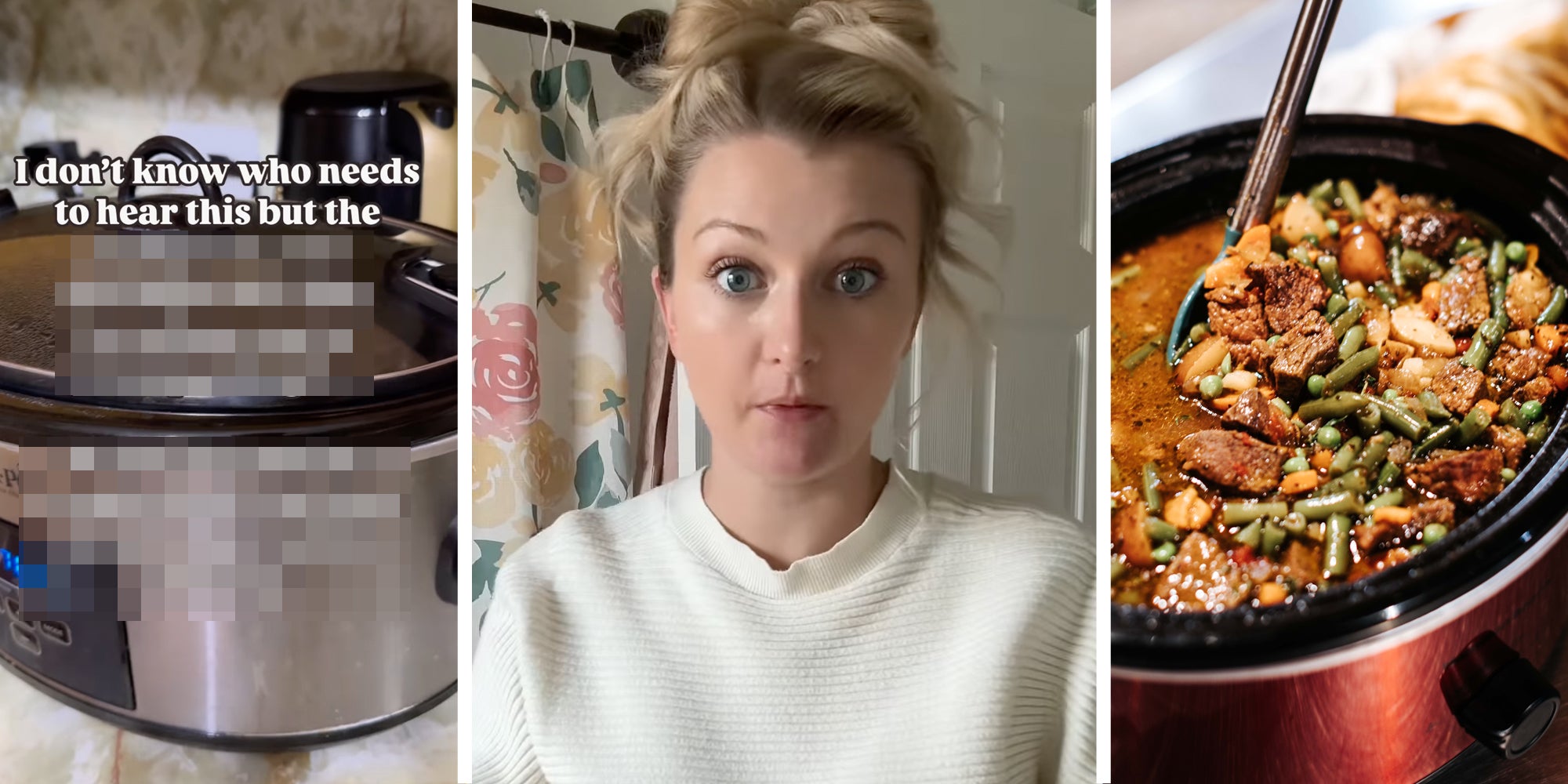 Crock pot closed(l), Woman talking(c), Food in crock pot(r)