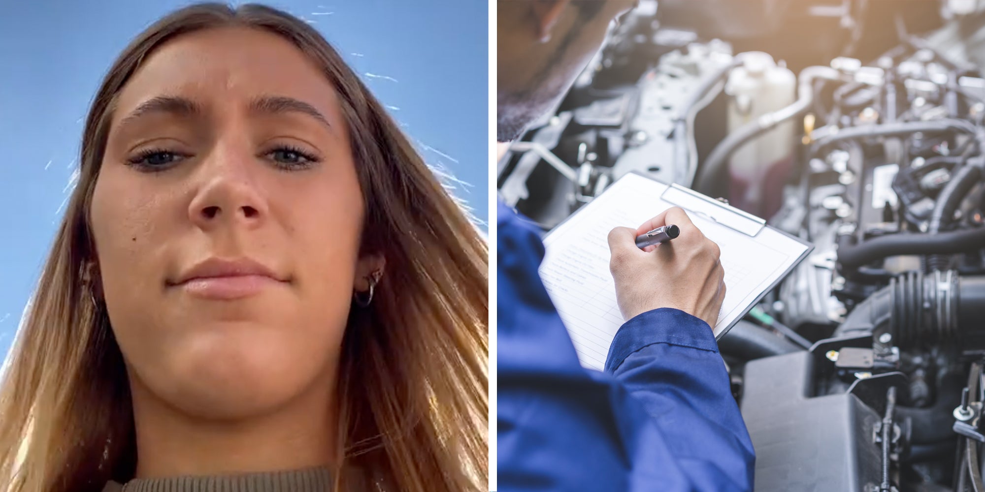 Woman talking(l), Man with checklist inspecting car(R)