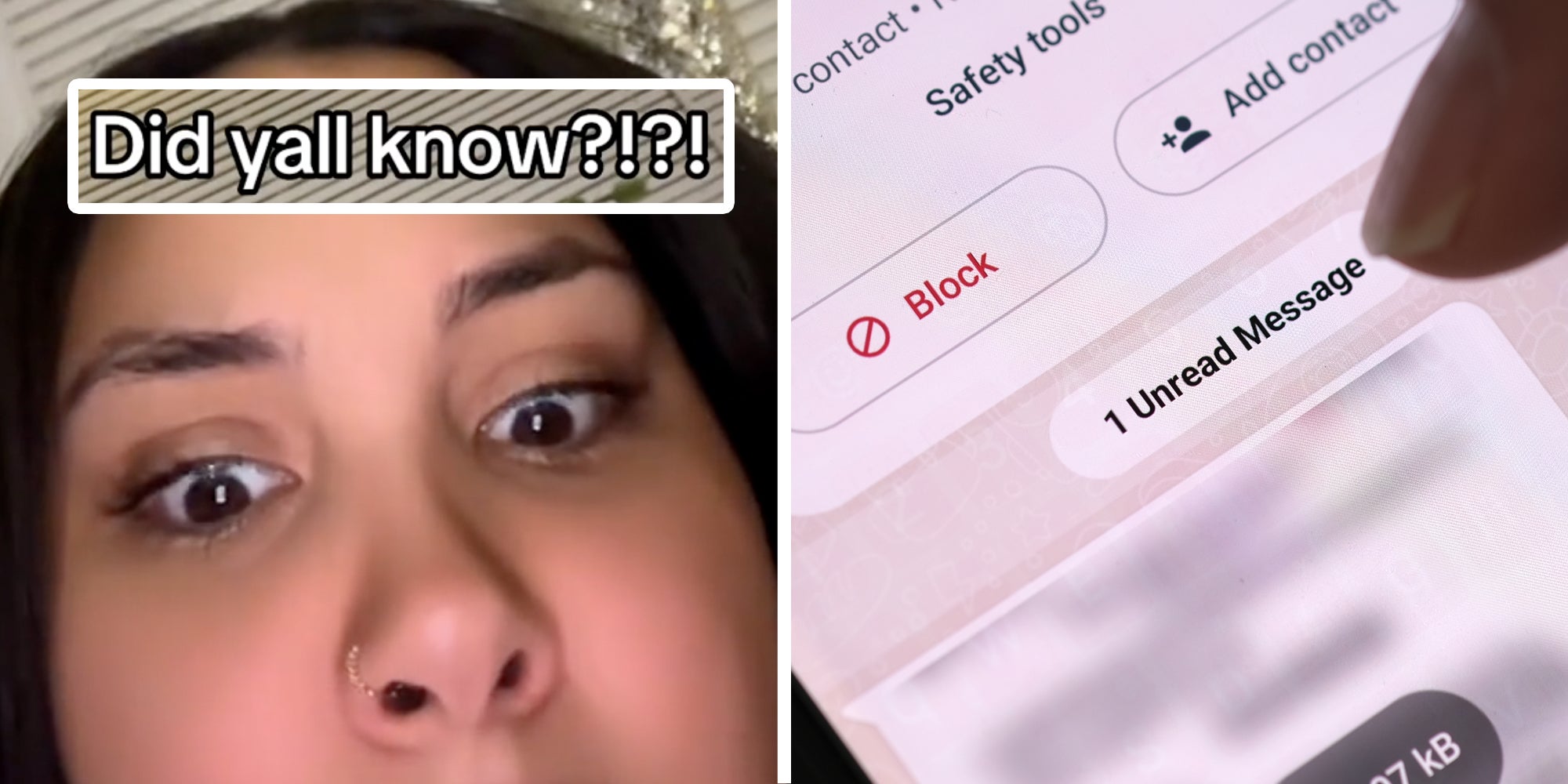 Woman looking shocked with text 'did yall know'(l), Phone with blocked contact(r)