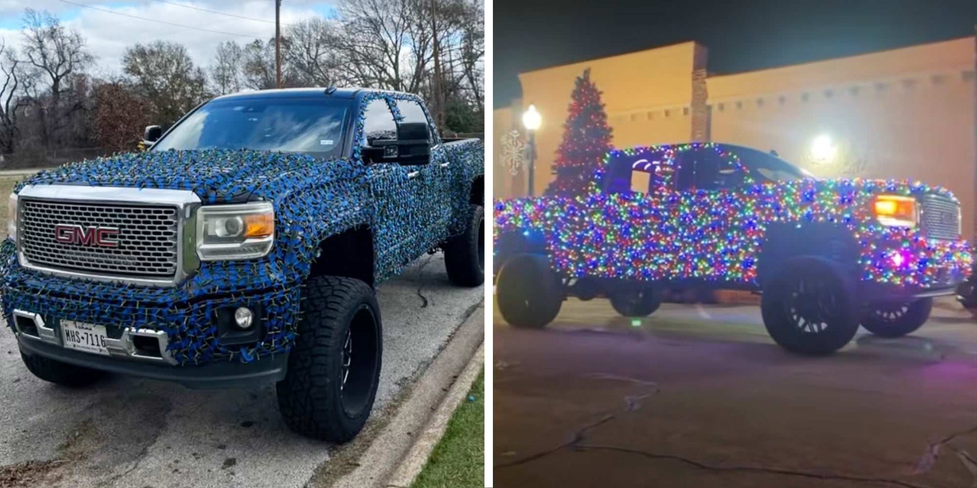 Truck with lights on during the day(l), Truck with lights on during the night(r)