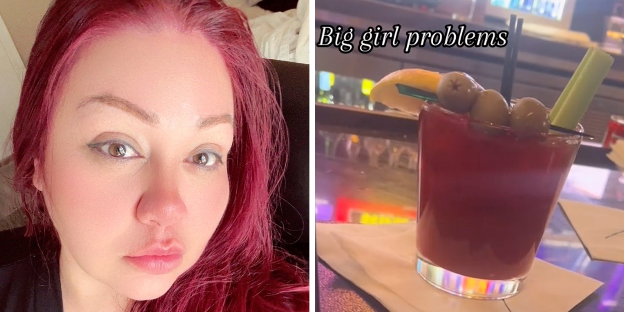 Woman talking(l), Cocktail with text 'big girl problems'(r)