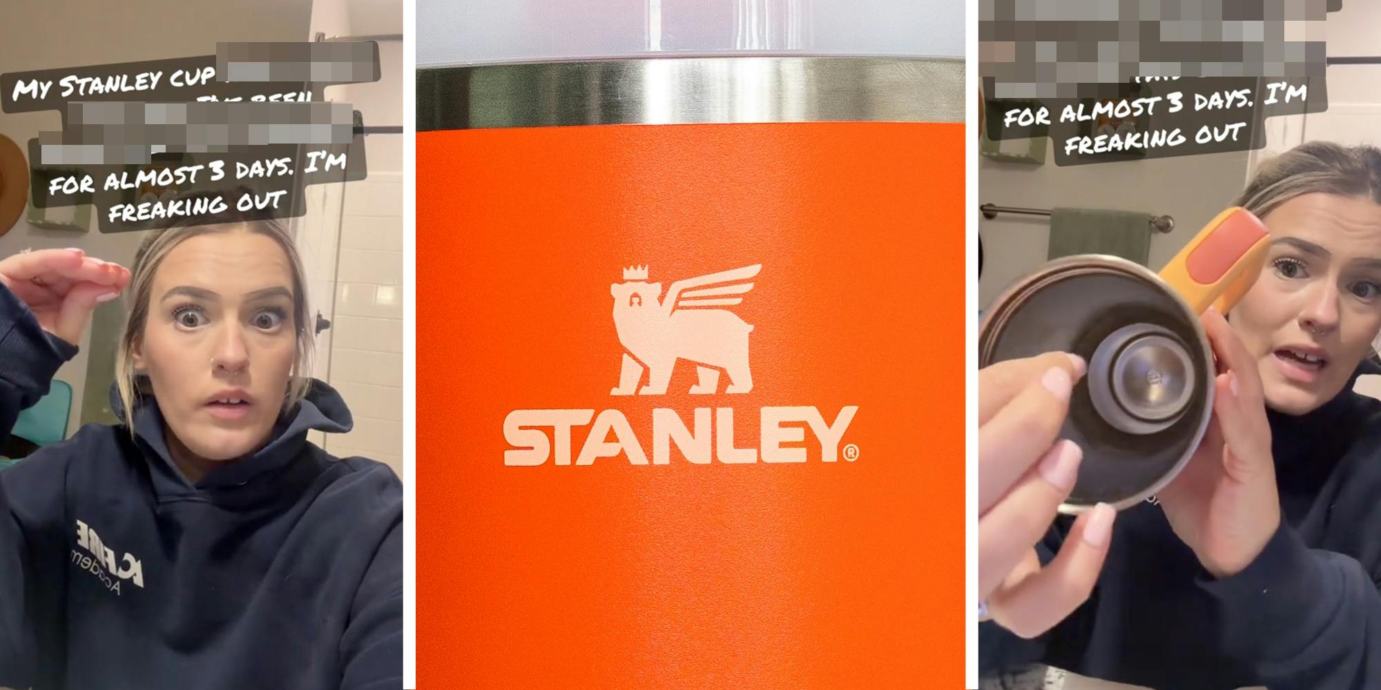 Woman talking and looking freaked out(l), Stanley cup logo(c), Woman pointing inside her stanley cup(r)