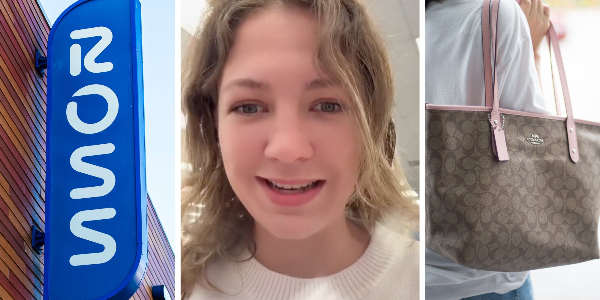 Ross sign(l), Woman talking(c), Woman holding coach bag(r)