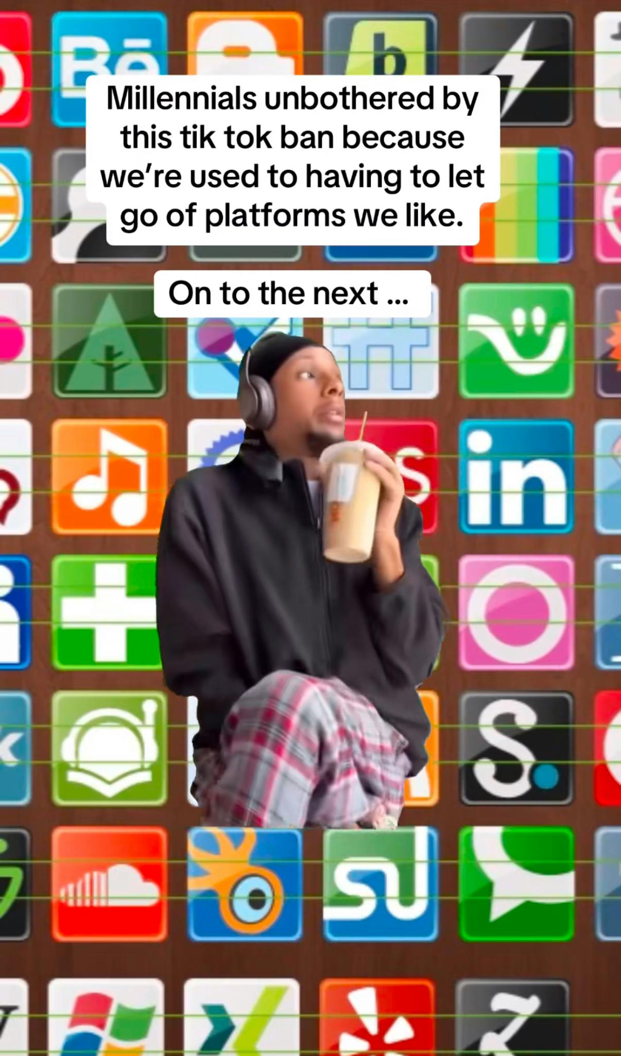 TikTok screenshot of a greenscreened person sipping on iced coffee and looking uncomfortable. In the background are a wallpaper of oldschool logos. Text overlay reads, 'Millennials unbothered by this tik tok ban because we're used to having to let go of platforms we like. On to the next...'