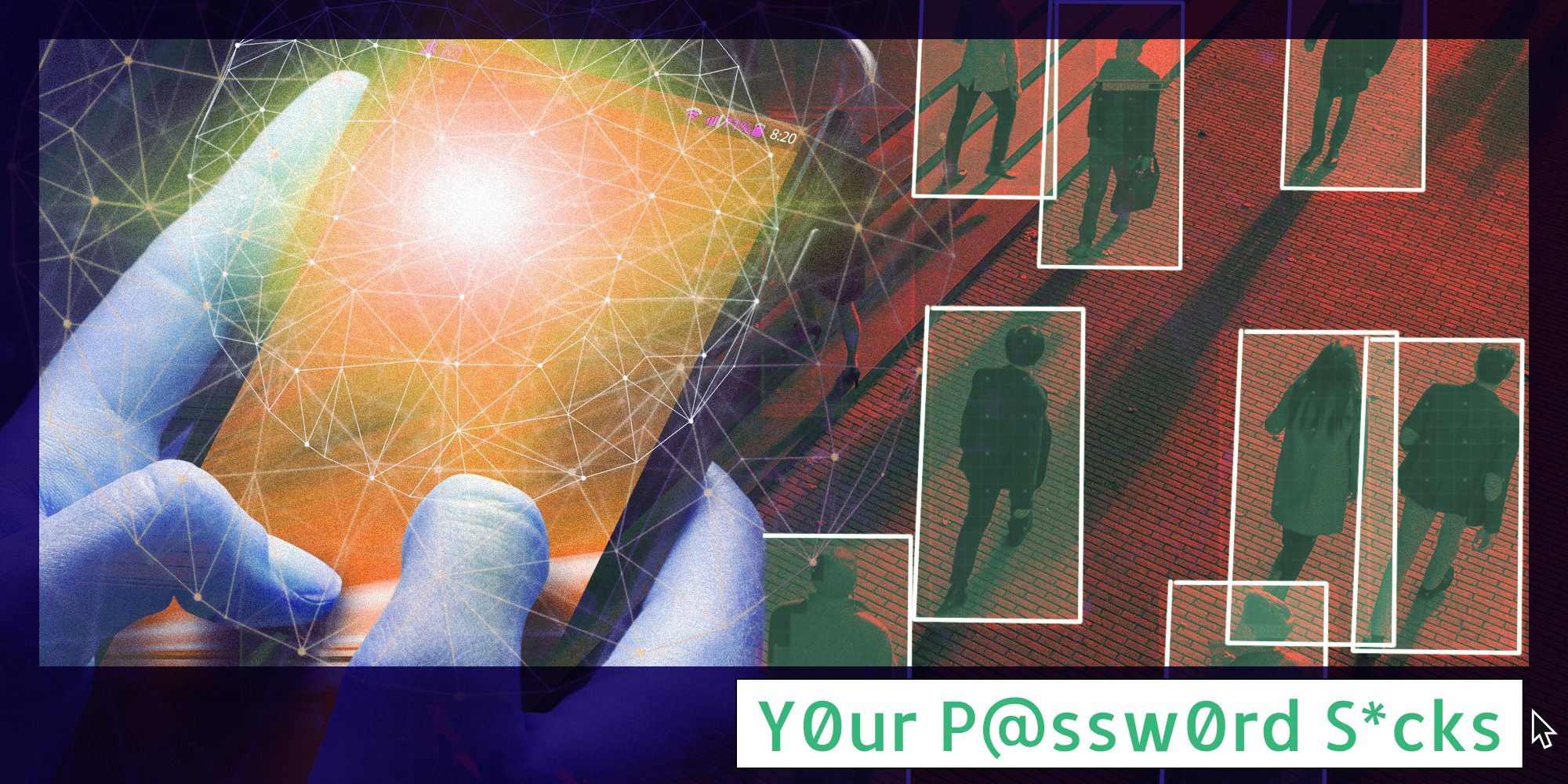 hand holding phone with network grids coming off of it and people walking below with their bodies being outlined. The Daily Dot newsletter column logo for Your Password Sucks is in the bottom right corner.