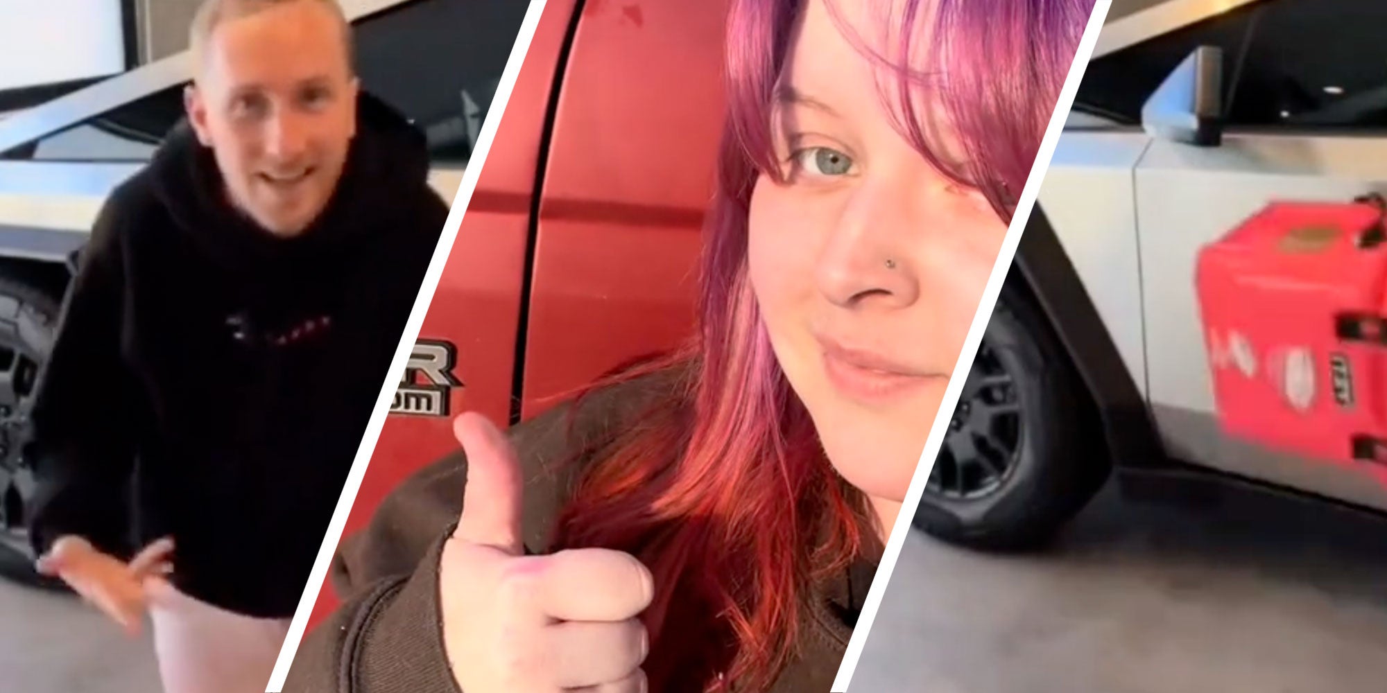 Three panel design with a man looking at the camera with his hands in front, next to an image of a woman giving a thumbs up in front of a truck, next to a image of a cooler next to a Cyber Truck