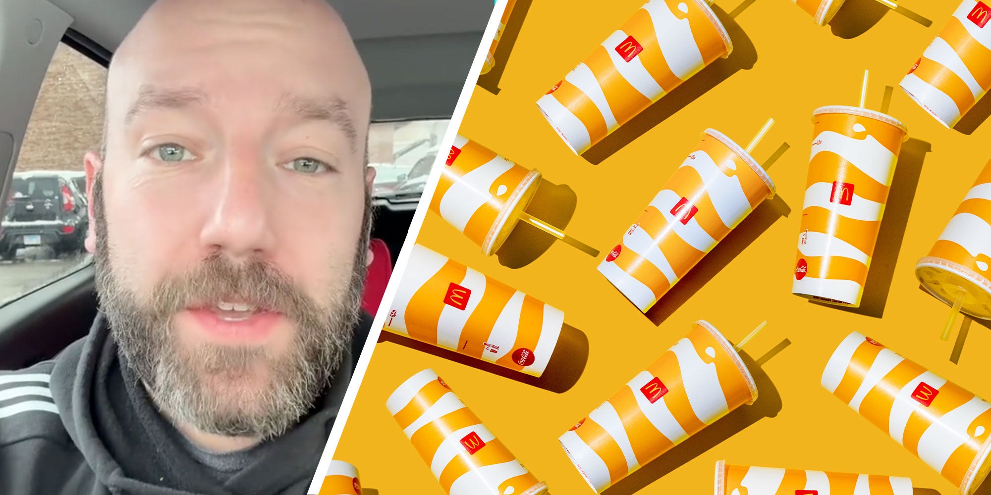 A photo of a man talking in his car next to a photo of several McDonald's drink cups.