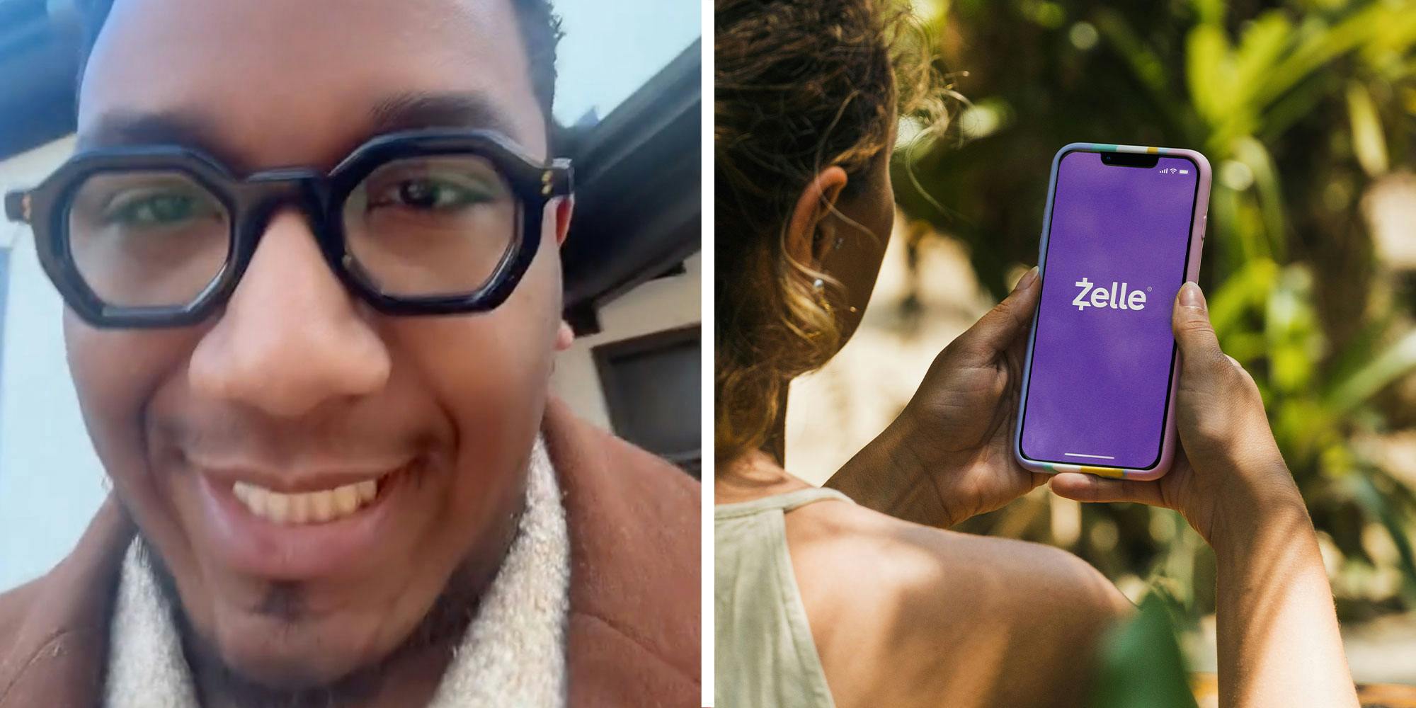 (L) Man smiling, (R) Zelle app