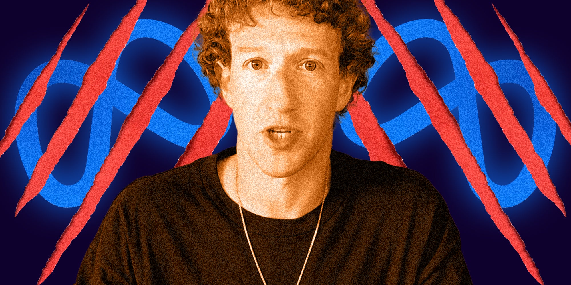 Mark Zuckerberg over claw marks over meta logo