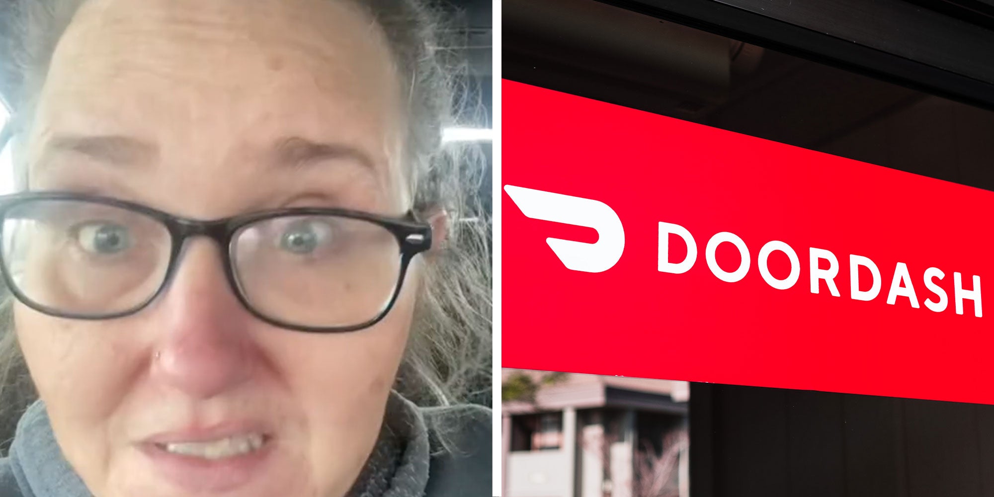 Two panel design with a woman looking concerned at the camera, next to an image of a DoorDash logo