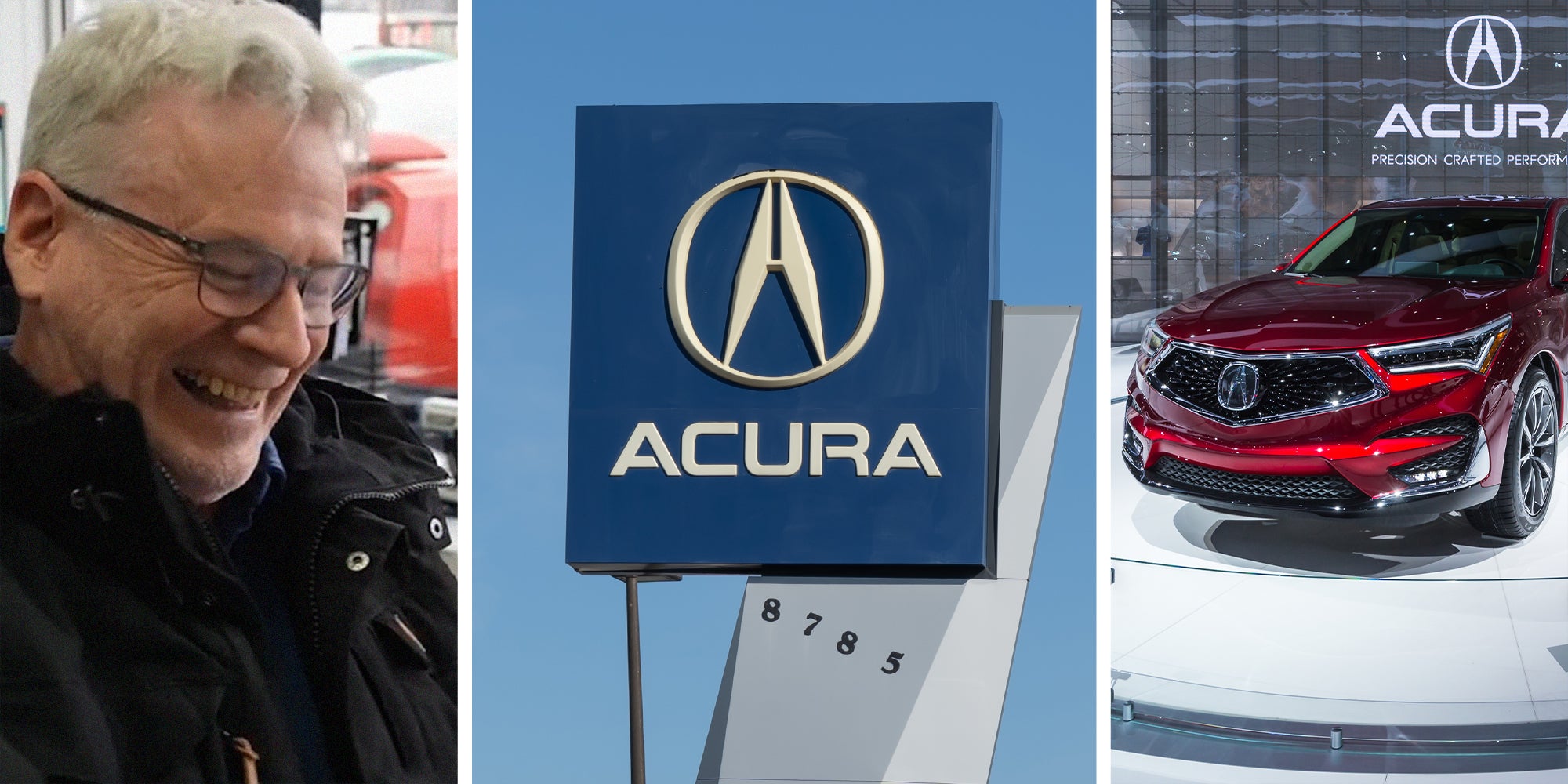 man laughing(l) Acura Dealer Sign(c) Acura red vehicle(r)