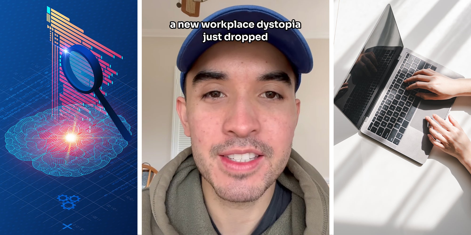 Ai Brain Vector art work(l) man shares new workplace ai use(l) Person typing on keyboard(r)